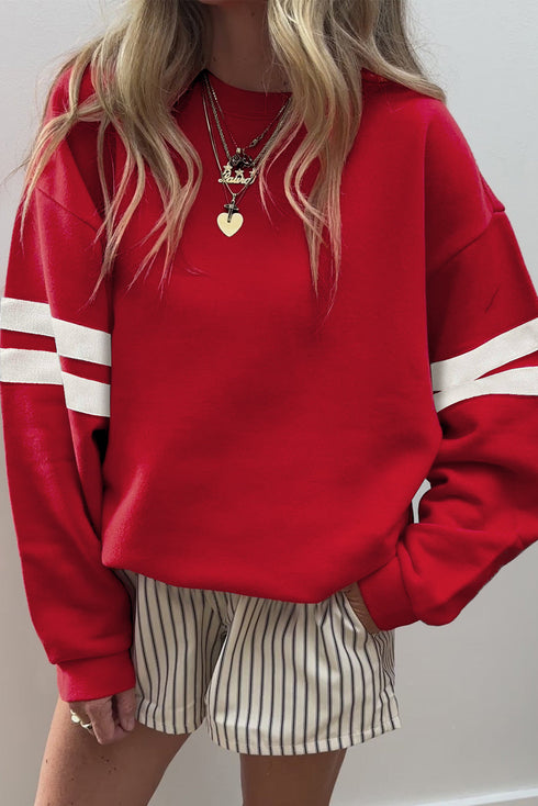 Varsity Double Stripe Drop Shoulder Oversized Crewneck Sweatshirt